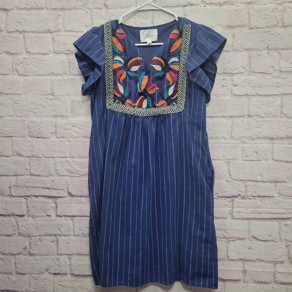 Shop Style Your Senses Embroidered Dress S Stripe Cottage Folk Prairie Peasant